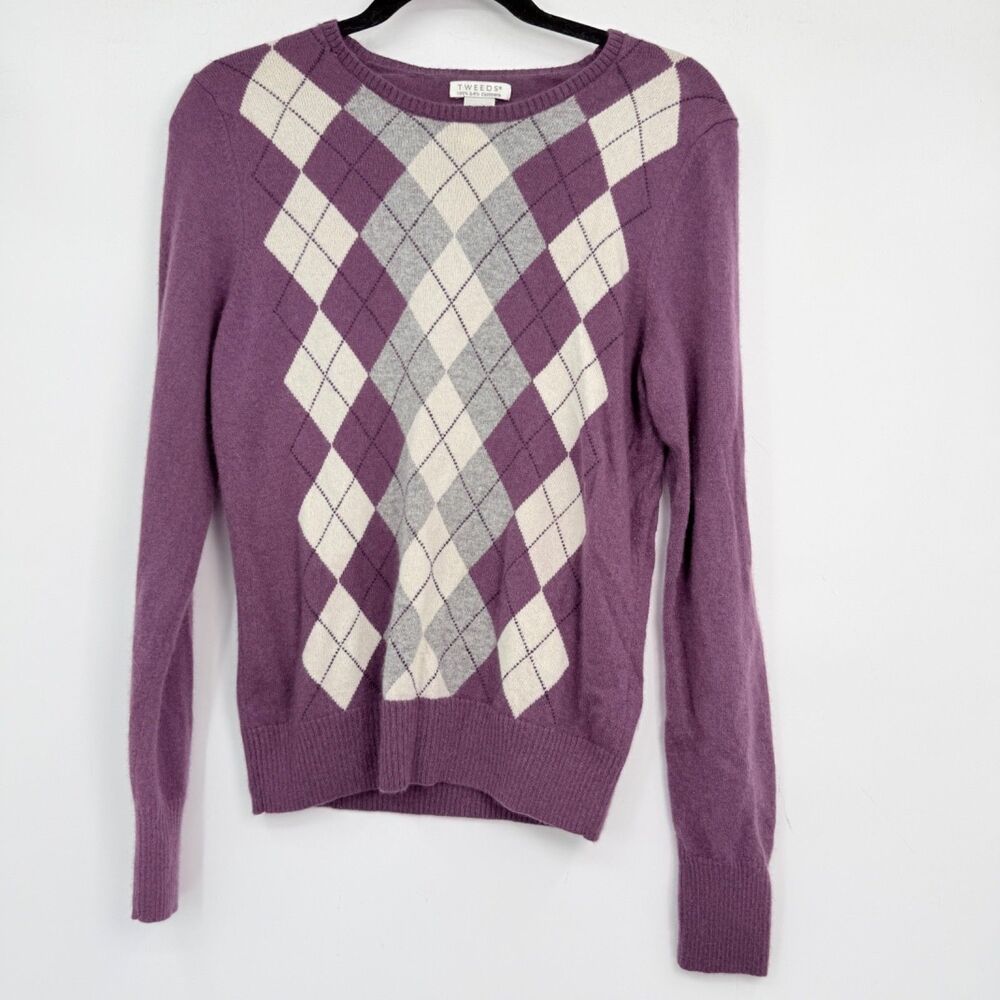 Vintage Tweeds Sweater Women L Argyle Preppy Dark Academia Purple 100% Cashmere